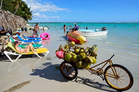 Caribbean beach with clear water, coconut sales and tourists sunbathing, Boca Chica, Santo Domingo