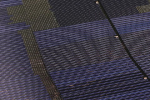 Aerial view of solar installations, taken near Marne, 25/03/2024