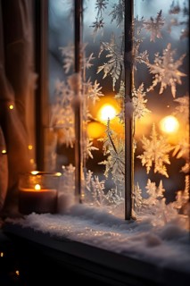 Snow-covered window with frost patterns, candlelight softly glowing through the glass, and warm,