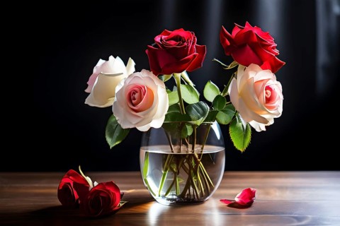 Transparent crystal glass vase with white and red blooming roses, AI generated
