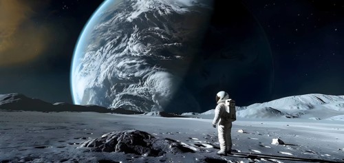 An astronaut stands on a lunar-like surface gazing at an immense planet rising, AI generated