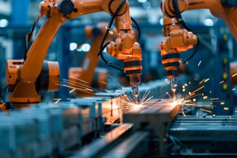Mechanical arms performing work in factory. KI generiert, generiert, AI generated