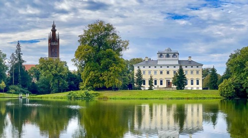 Wörlitz Park with a view of Wörlitz Palace, church, Dessau-Wörlitz Garden Kingdom, Unesco World