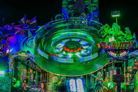 Illuminated ride Mr Gravity in motion, night shot, Oktoberfest, Festwiese, Theresienwiese, Munich,