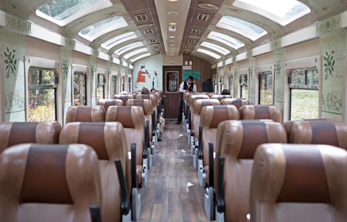 Carriage of the Perurail, interior view, travelling through the Andes from Ollantaytambo to Machu