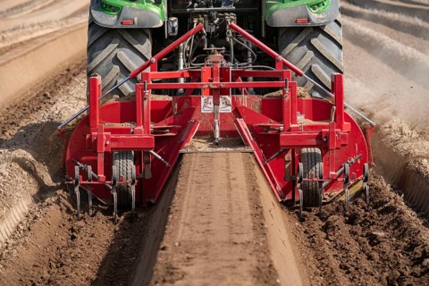 A farmer builds asparagus ridges on a field with the help of an asparagus tiller, in which the