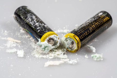 Leaked batteries, AA batteries, oxidised, leaked potassium carbonate and ammonium chloride