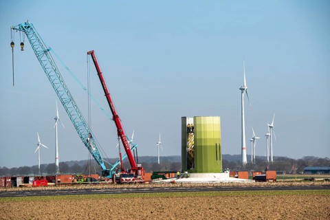 Construction of a wind turbine, Enercon steel pillar, near Kerken, Kleve district, Lower Rhine,