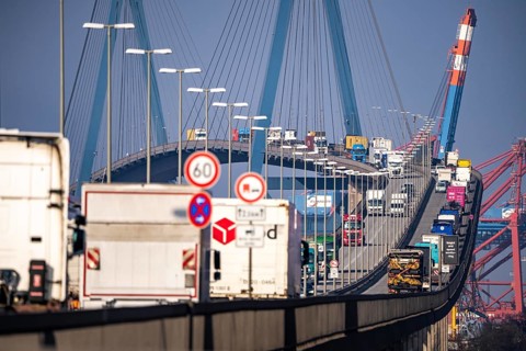 Traffic on the Köhlbrand Bridge in the port of Hamburg, spans the 325 m wide Köhlbrand, an arm of