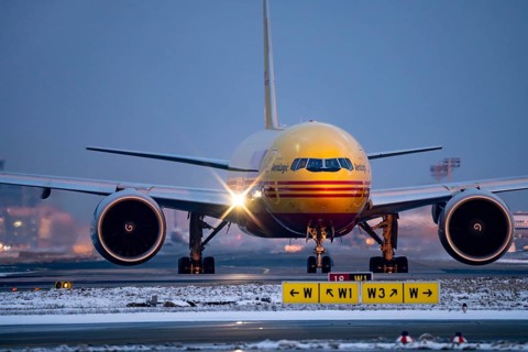 DHL, AeroLogic, Boeing 777F, on the taxiway to Runway West, Frankfurt FRA Airport, Fraport, in