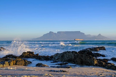 From Bloubergstrand to the silhouette of Cape Town, Cape Town, with Table Mountain, Cape Town,