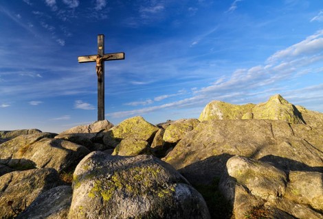 Summit cross on the Lusen (1373m), morning light, Bavarian Forest National Park, Bavaria, Germany,