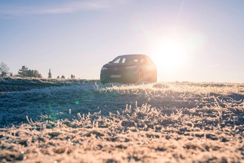 An SUV in a frosty landscape at sunrise, car sharing, electric car, Volkswagen ID 5, Gechingen,