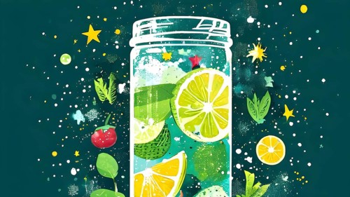 Abstract wallpaper composition with bottle of delicious green detox juice and fruits and