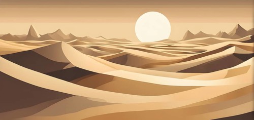 Abstract desert scene with triangular sand dunes and a single circular sun, using sharp lines and