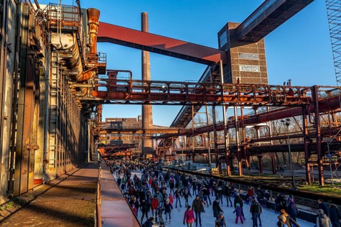 Ice rink at the Zollverein coking plant, Zollverein World Heritage Site, Essen, Germany, Europe