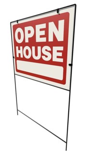 Left facing open house real estate yard sign isolated on a white background