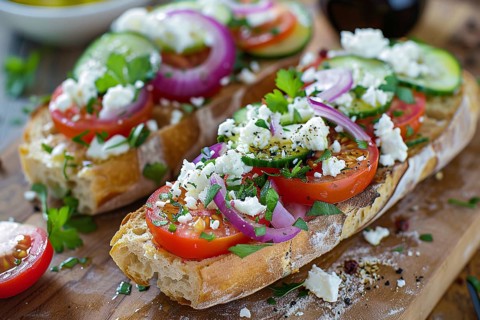 Slice of bread with cucumber, red onions, tomatoes and feta cheese on wooden cutting board.
