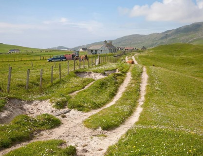 Machair grassland and croft houses on Vatersay island, Barra, Outer Hebrides, Scotland, UK