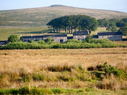 Bright sunny morning weather with a row of former miners terraced houses on moorland, Dartmoor