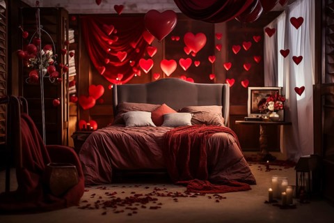 A cozy bedroom adorned with red and white heart-shaped balloons, rose petals, and candles creating