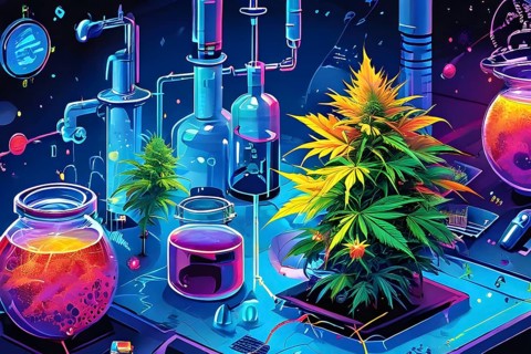 Abstract painting of chemical structure of thc and cbd interlocking geometric shapes, AI generated
