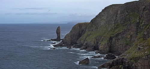 Old Man of Stoer, 60 metres high sea stack of Torridonian sandstone at the Point of Stoer in