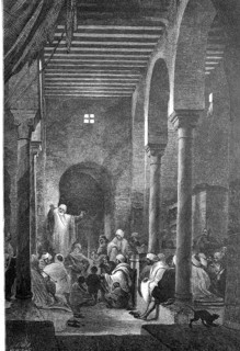 Storyteller in a coffee house in Tunisia, A preacher speaks to a seated audience in a medieval