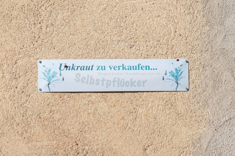Sign on a garden shed, weeds for sale..., Mainbernheim, Lower Franconia, Bavaria, Germany, Europe