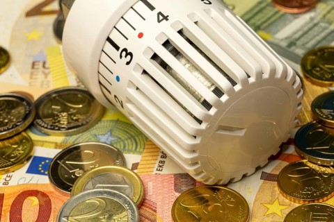 Thermostat on euro banknotes and euro coins (symbolic image)