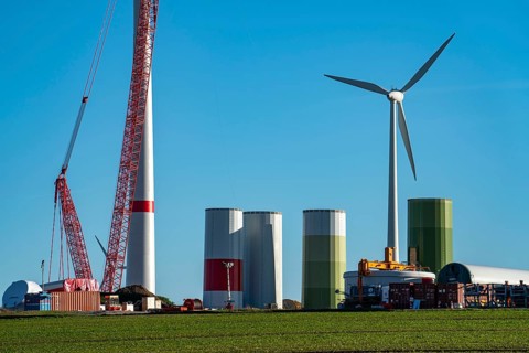 Construction site of a new wind turbine, modules of the tower, wind turbine from the manufacturer
