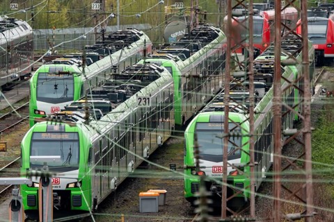 Regional trains, regional railways, suburban trains, on the tracks of a railway depot, waiting for