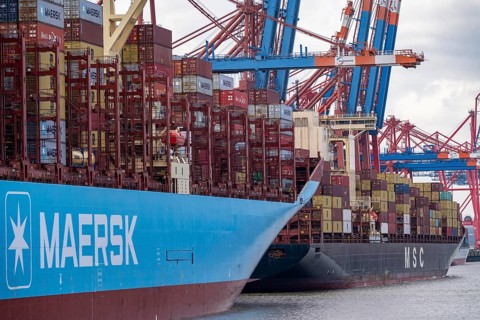 Magleby Maersk container freighter at EUROGATE Container Terminal, Waltershofer Hafen, one of the