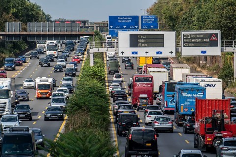 Traffic jam on the A3 motorway, over 8 lanes, in both directions, in front of the Leverkusen