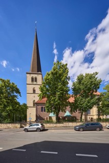 Church of St Viktor with Lüdinghauser Strasse in Dülmen, Münsterland, Coesfeld district, North