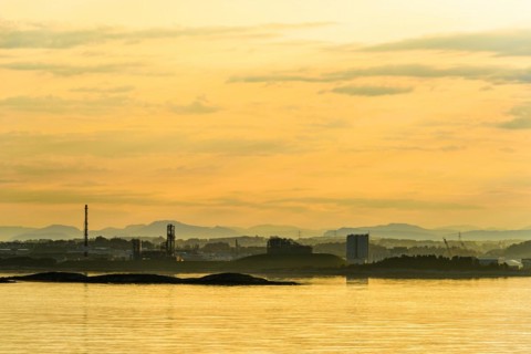 Sunrise of Industrial Zone over FjordSailing, Stavanger, Boknafjorden, Norway, Europe