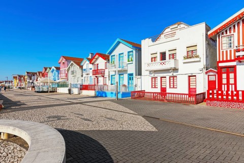 Traditional wooden striped houses, Costa Nova do Prado, Aveiro, Portugal, Europe