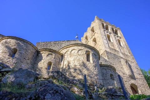 Saint Martin du Canigou Abbey with church tower, Casteil, Département Pyrénées-Oriental, France,