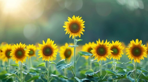 Leadership, bright idea or creativity concept. Sunflowers in the field, AI generated
