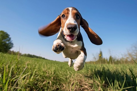A close-up shot of a playful Basset Hound puppy with floppy ears, running, jumping, and exploring