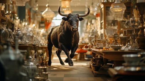 Very large bull with horns in a China shop filled with glassware. generative AI, AI generated