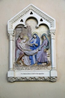 The body of Jesus is laid in the Sepulchre, stations of the cross, Ufford church, Suffolk, England,