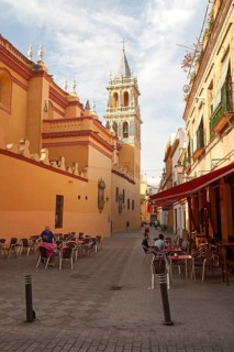 Cafe and alleyway by the Iglesia de Santa Ana, Triana, Seville, Spain, Europe