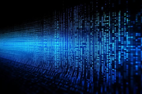 Blue dynamic digital data streams, showcasing flowing lines of code in a mesmerizing pattern, ideal