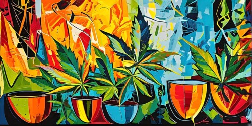 Abstract composition of a cannabis cafe with ambiance bold contrasting colors and playful shapes,