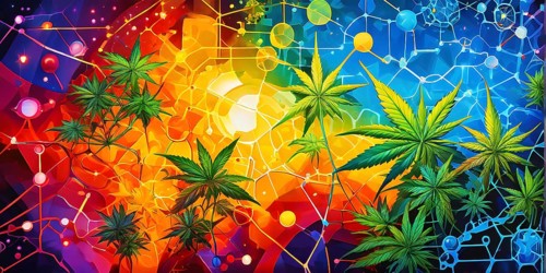 Abstract painting of chemical structure of thc and cbd interlocking geometric shapes, AI generated