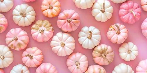 Banner with pink and golden pumpkins on pastel pink background. Generative Ai, AI generated
