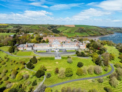 Britannia Royal Naval College from a drone, Dartmouth, Devon, England, United Kingdom, Europe