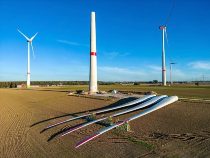 Wind farm near Bad Wünnenberg, construction site, storage area for a new wind turbine, components