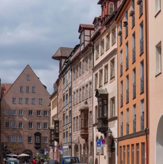 Old town street with historic old town houses with choir, Füll, Nuremberg, Middle Franconia